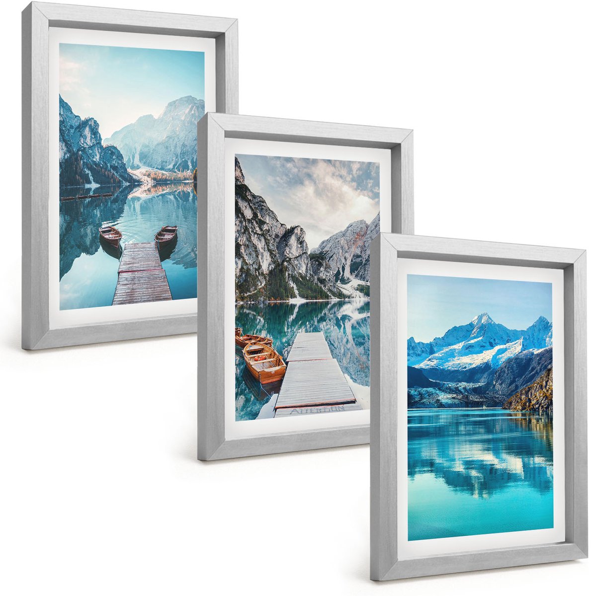 Tulup 4-Delige Schilderij Set - Bergmeren met boten en weerspiegelingen in het water. - 20 x 30 cm - Wanddecoratie - Woonkamer Decoratie - Moderne Wanddecoratie