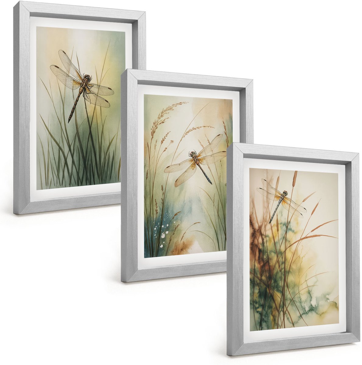 Tulup 4-Delige Schilderij Set - Geschilderd gras met libellen boven het water. - 20 x 30 cm - Decoratieve Schilderijen - Wanddecoratie - Hal - Stijlvolle Muurdecoratie