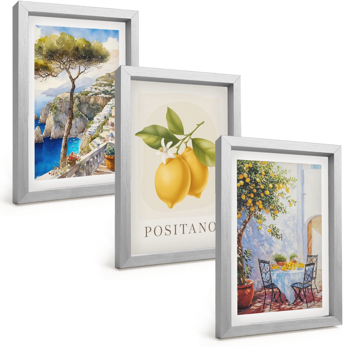 Tulup 4-Delige Schilderij Set - Uitzicht op Positano met bomen en citroenen in de zon. - 20 x 30 cm - Stijlvolle Wanddecoratie - Interieur - Stijlvolle Muurdecoratie