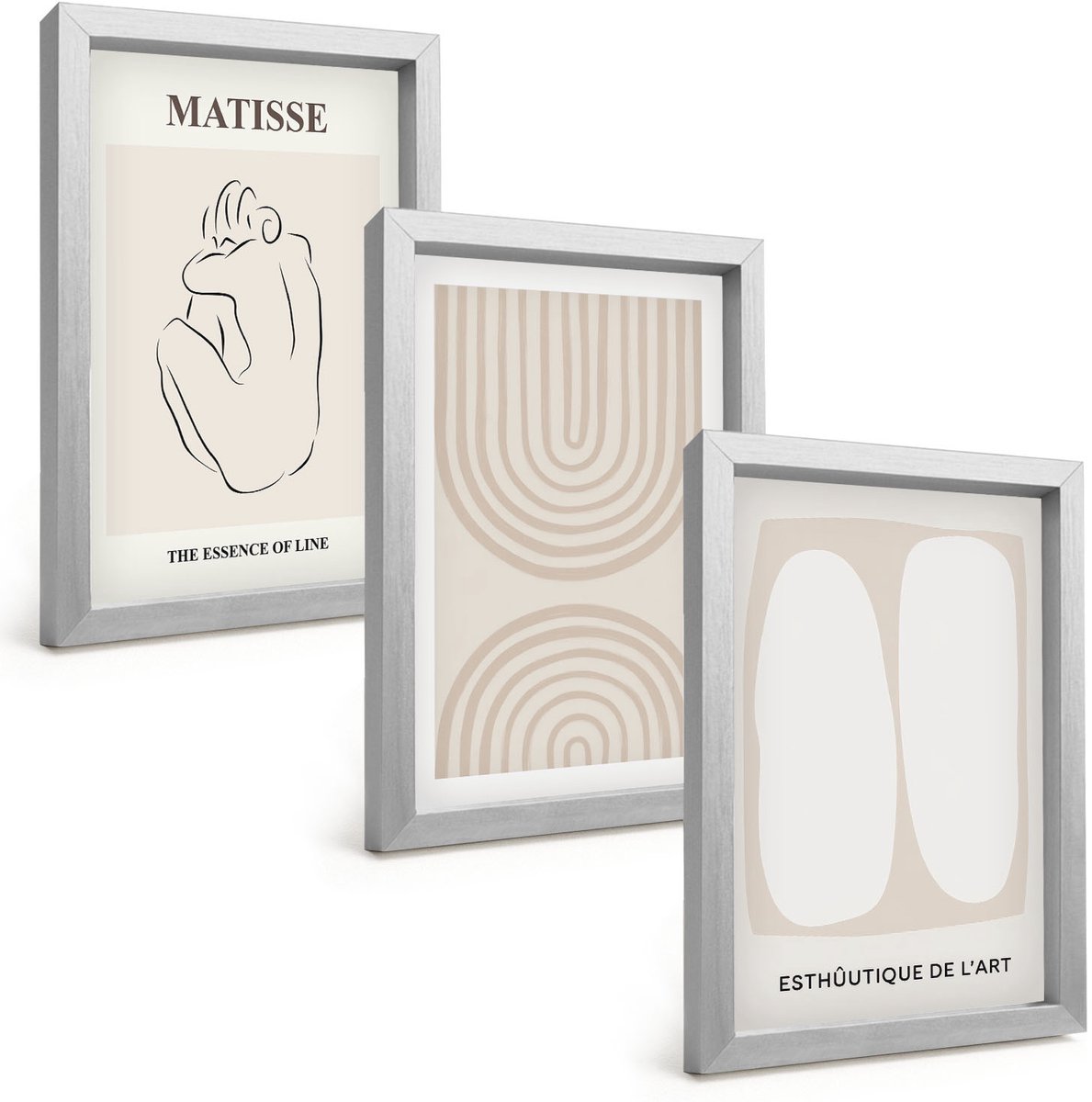TULUP 4-Delige Schilderij Set - Stijlvolle lijnen en minimalistische vormen in neutrale tinten. - 20 x 30 cm - Wanddecoratie - Woonkamer Decoratie - Interieur Decoratie Zilveren lijst