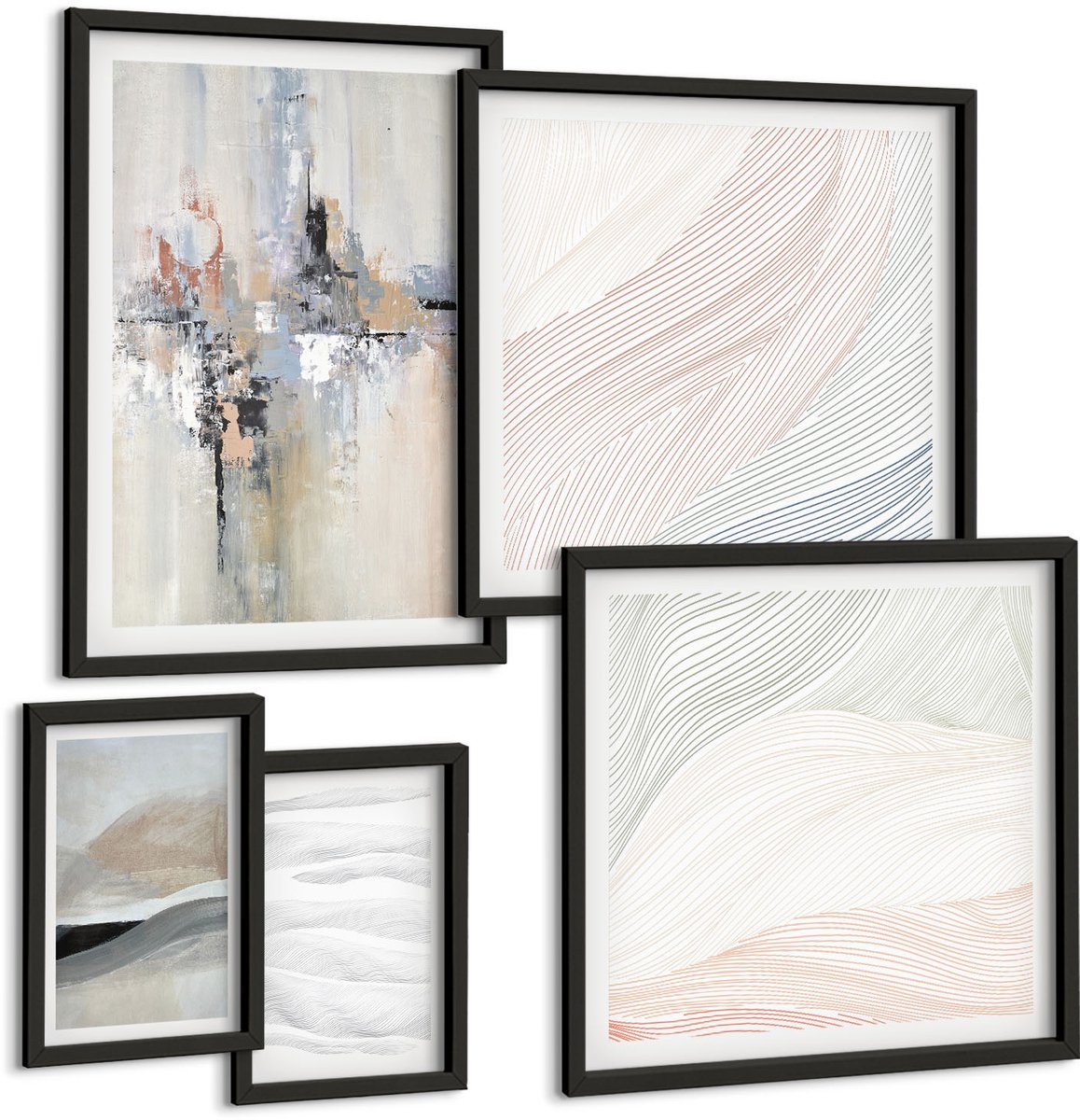 Tulup 4-Delige Schilderij Set - Abstracte composities in subtiele tinten en vormen. - 50 x 50 cm, 20 x 30 cm en 40 x 60 cm - Muurdecoratie - Decoratieve Schilderijen - Wohnzimmer - Woonkamer Decoratie