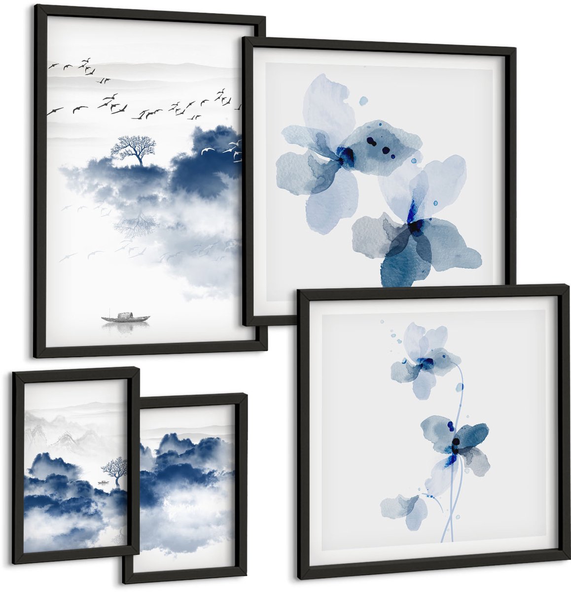 Tulup 4-Delige Schilderij Set - Landschappen met tere bloemen en kalm water. - 50 x 50 cm, 20 x 30 cm en 40 x 60 cm - Wanddecoratie - Schilderijen Set - Kantoor - Decoratieve Schilderijen