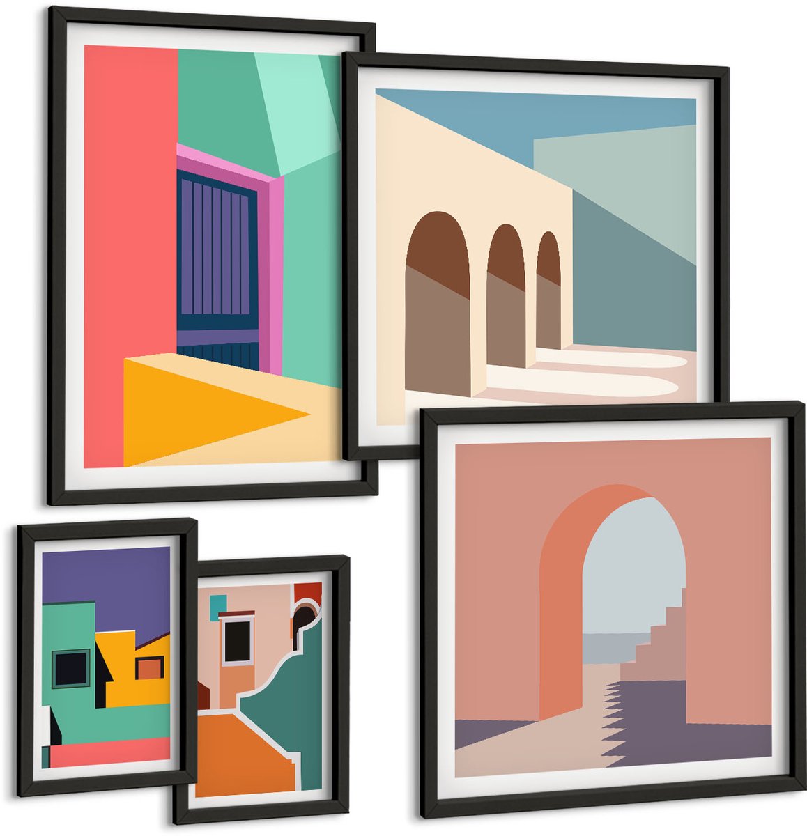 Tulup 4-Delige Schilderij Set - Kleurrijke stadsgezichten in een moderne stijl. - 50 x 50 cm, 20 x 30 cm en 40 x 60 cm - Muurdecoratie - Wanddecoratie - Hal - Stijlvolle Muurdecoratie