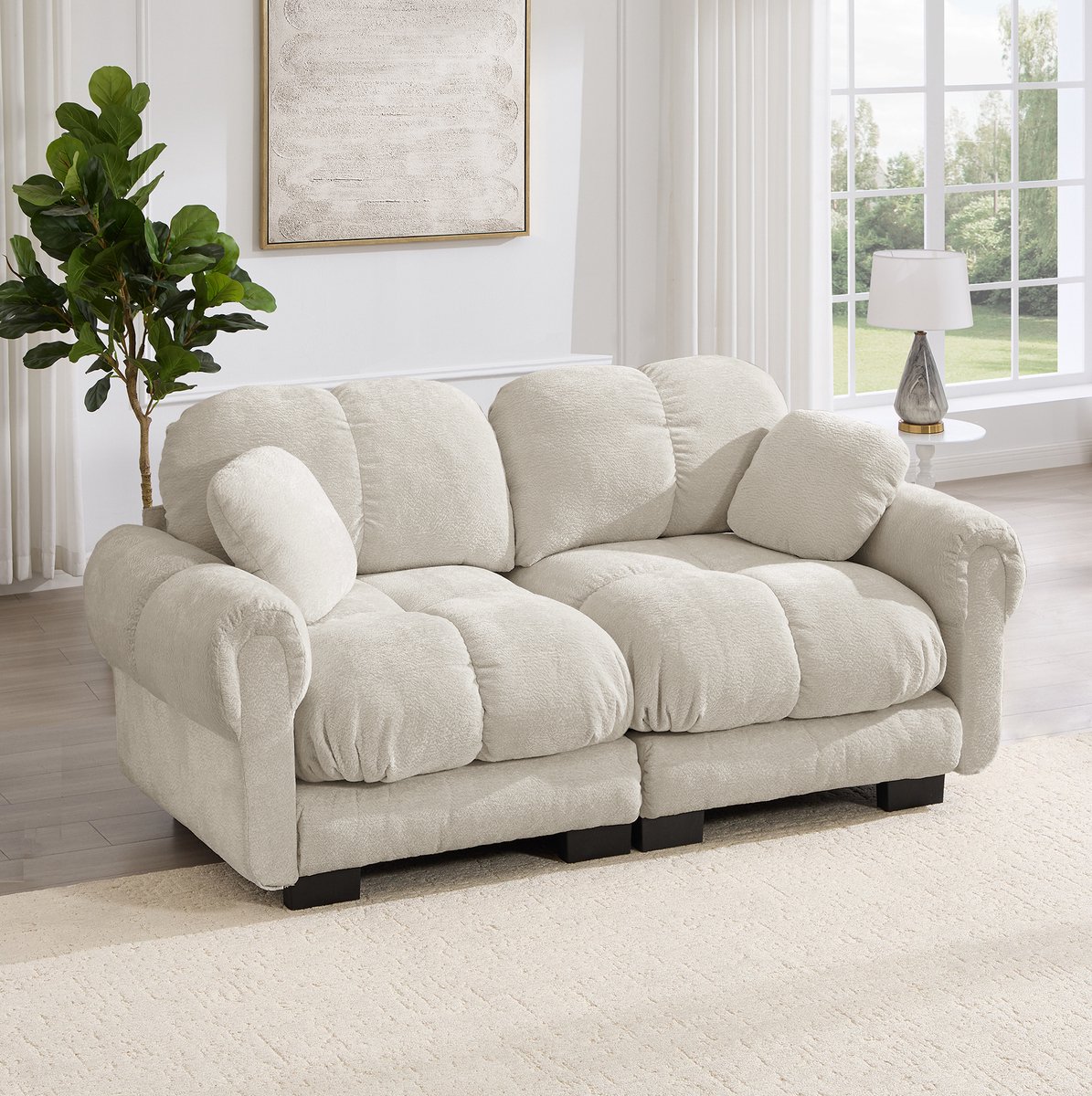 MODENUIT Zitbank 2-Zits 190 x 86 x 90 cm - Steppnaad En Modulaire Opbouw - Woonkamer - Chenille - Light Khaki