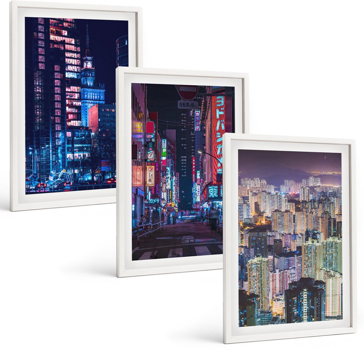 Tulup 3-Delige Schilderij Set - Nachtelijke stadsgezichten met neonlichten - 40x60 - Wanddecoratie - Muurdecoratie - Woonkamer - Stijlvolle Muurdecoratie