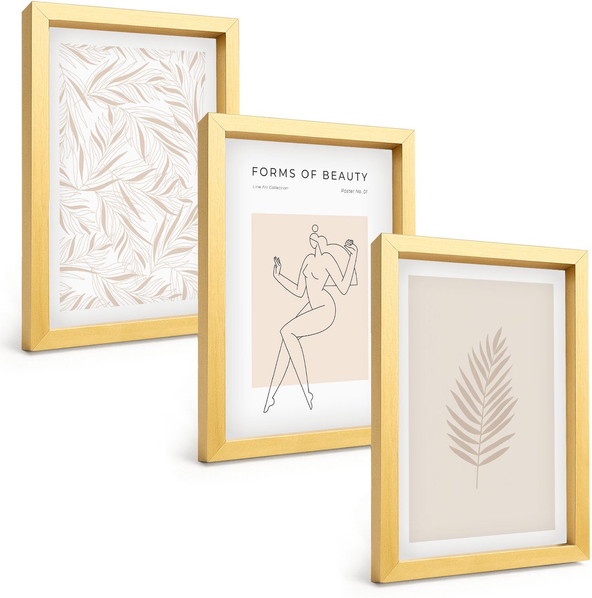 TULUP 4-Delige Schilderij Set - Minimalistische stijl met botanische motieven - 20 x 30 cm - Muurdecoratie - Wanddecoratie - Slaapkamer - Woonkamer Decoratie Gouden lijst