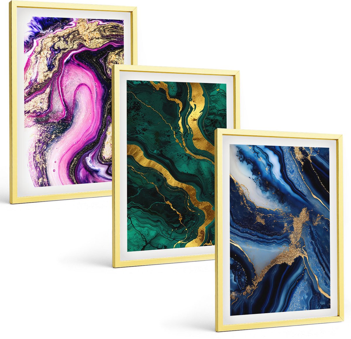 TULUP 4-Delige Schilderij Set - Abstracte patronen in tinten roze, groen en blauw. - 40 x 60 cm - Wanddecoratie - Muurdecoratie - Moderne Interieurdecoratie Gouden lijst