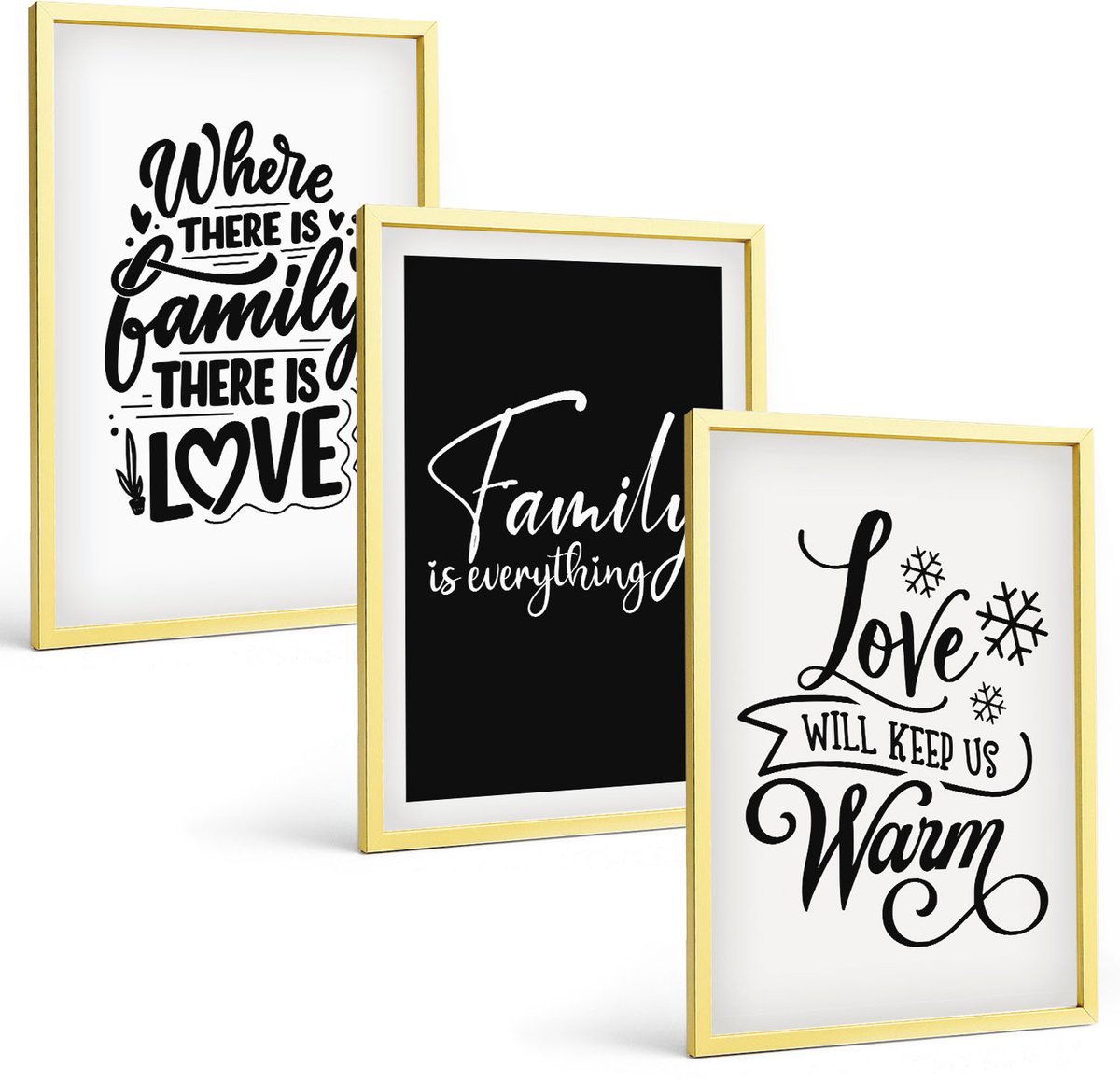 TULUP 4-Delige Schilderij Set - Familie, liefde, warmte, thuis, inspirerende citaten - 40 x 60 cm - Stijlvolle Muurdecoratie - Kantoor Gouden lijst