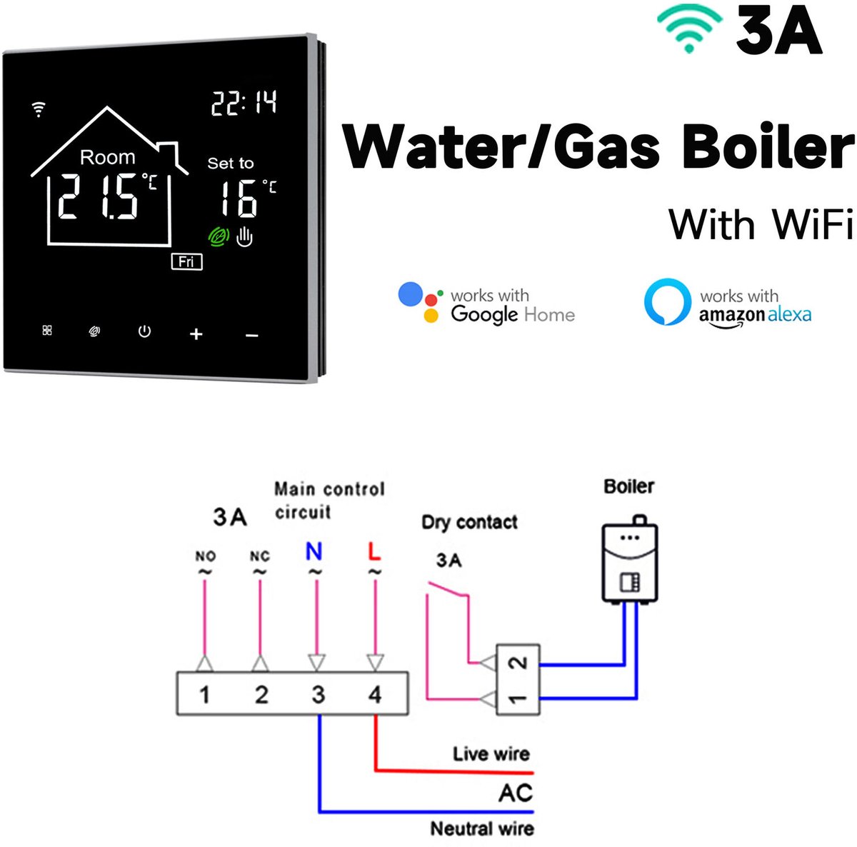 WiFi slimme thermostaat - Regelaar voor watergedragen vloerverwarming - Bediening op afstand via mobiele telefoon - Energiebesparende functie met één druk op de knop - LCD-touchscreen - Witte achtergrondverlichting - 3A