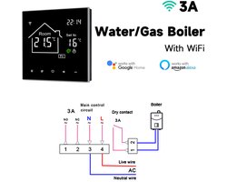 WiFi slimme thermostaat - Regelaar voor watergedragen vloerverwarming - Bediening op afstand via mobiele telefoon - Energiebesparende functie met één druk op de knop - LCD-touchscreen - Witte achtergrondverlichting - 3A
