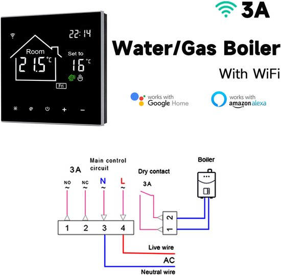 Zwarte slimme thermostaat met WiFi, 3A, voor water/gasboiler. Toont kamer- en ingestelde temperatuur. Werkt met Google Home en Amazon Alexa.