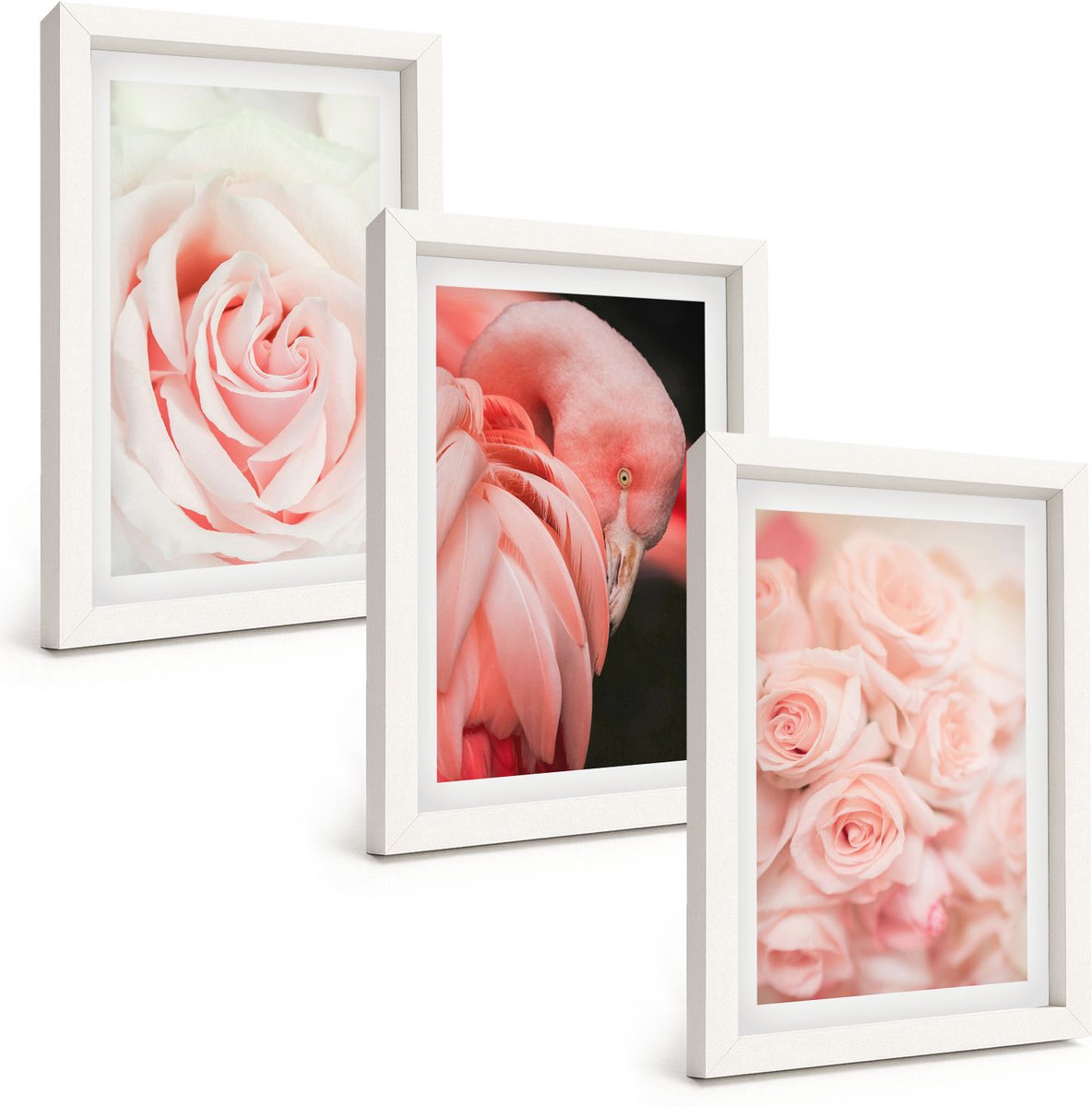 Tulup 3-Delige Schilderij Set - Pastelrozen en flamingo's in delicate tinten - 20x30 - Decoratieve Schilderijen - Wanddecoratie - Hal