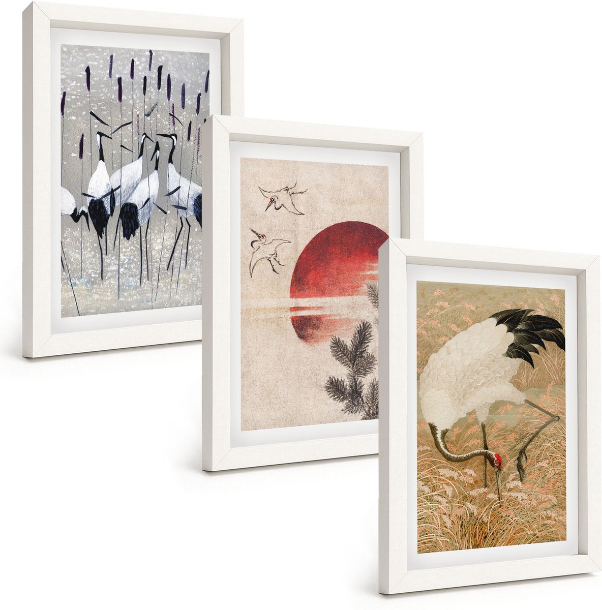Tulup 3-Delige Schilderij Set - Illustraties van Japanse kraanvogels Japandi Landschap - 20x30 - Wanddecoratie - Schilderijen Set - Interieur - Muurdecoratie