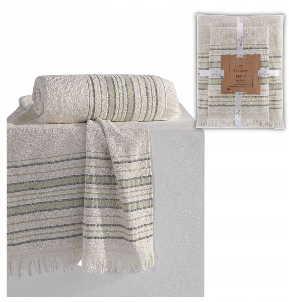 2x Katoenen Handdoekenset 50x90 + 70x140 cm Groen Retro