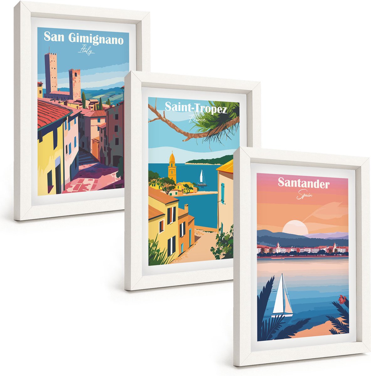 Tulup 3-Delige Schilderij Set - Italiaanse stadjes en retro kustlandschappen - 20x30 - Decoratieve Schilderijen - Woonkamer - Interieur - Wanddecoratie