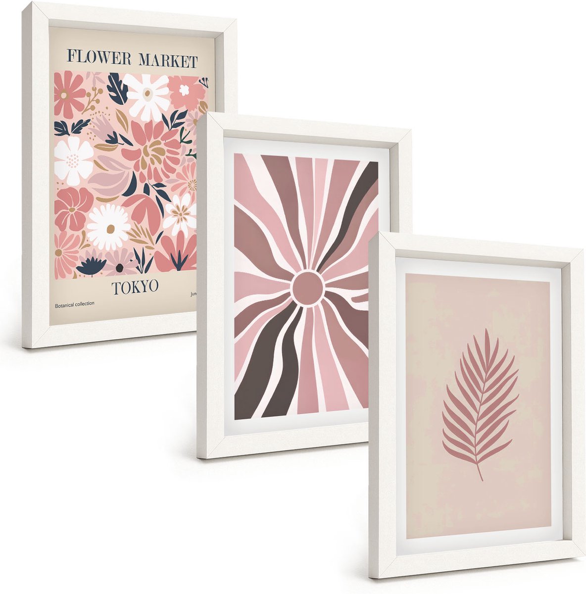 Tulup 3-Delige Schilderij Set - Bloemmotieven met bladeren en geometrische vormen - 20x30 - Moderne Wanddecoratie - Woonkamer