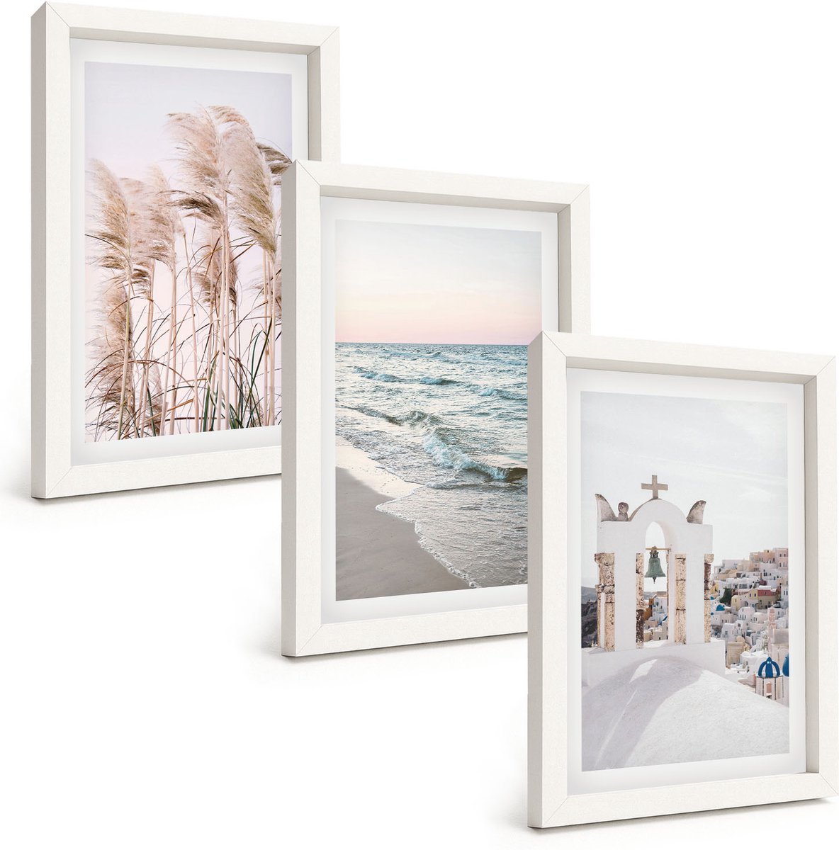 Tulup 3-Delige Schilderij Set - Zeeplanten, zeegolven, uitzicht op de Witte Huizen - 20x30 - Wanddecoratie - Muurdecoratie - Moderne Interieurdecoratie - Interieur Decoratie