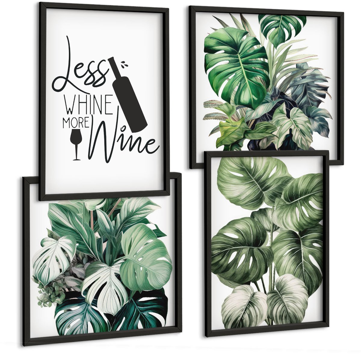 Tulup 4-Delige Schilderij Set - Groene plantenbladeren met het opschrift "wijn". - 40 x 40 cm en 40 x 60 cm - Stijlvolle Muurdecoratie - Kantoor