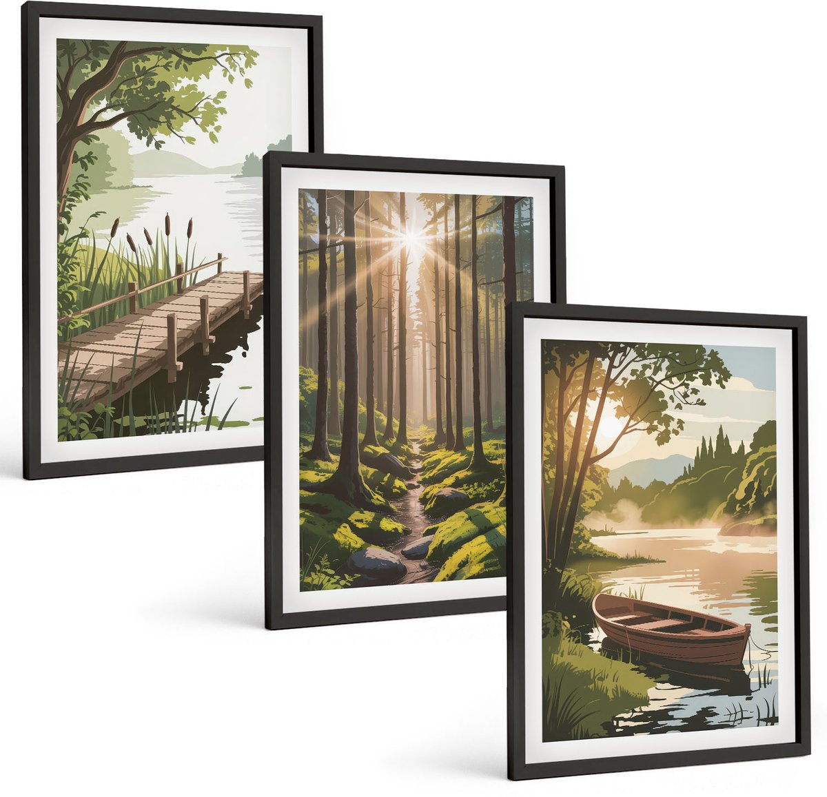 Tulup 4-Delige Schilderij Set - Rustige landschappen van bos en meer met een boot - 40 x 60 cm - Decoratieve Schilderijen - Woonkamer - Interieur - Muurdecoratie