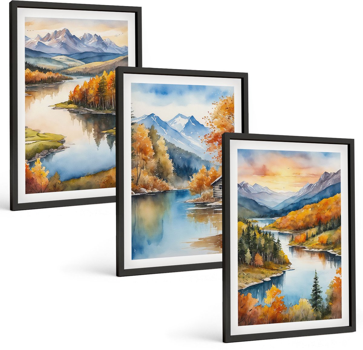 Tulup 4-Delige Schilderij Set - Herfstlandschap in de bergen met een rivier en een huisje aan het water. - 40 x 60 cm - Decoratieve Schilderijen - Wanddecoratie - Hal - Muurdecoratie