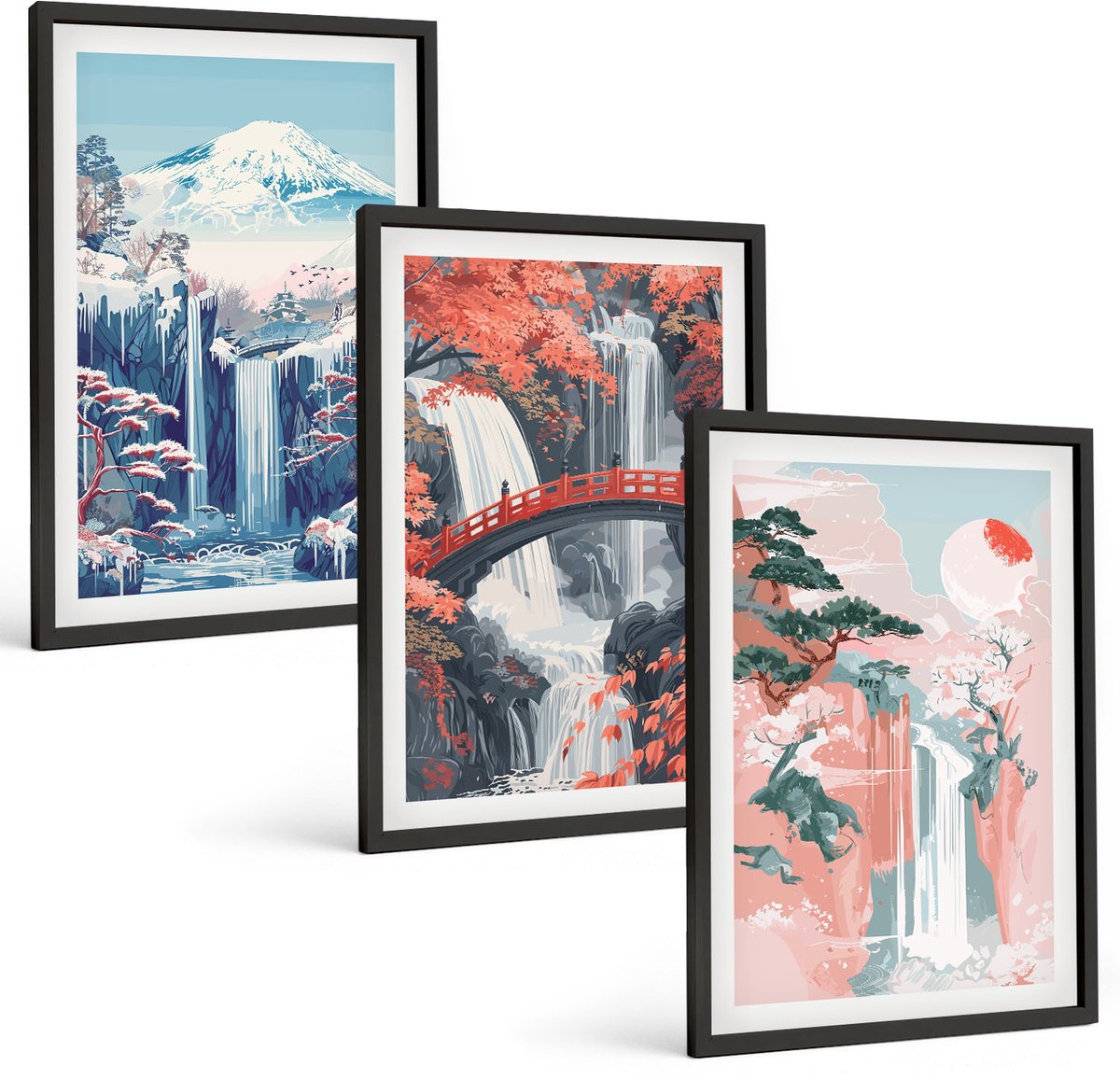 Tulup 4-Delige Schilderij Set - Watervallen, bergen met een brug en bloeiende bomen - 40 x 60 cm - Decoratieve Schilderijen - Woonkamer - Interieur - Muurdecoratie