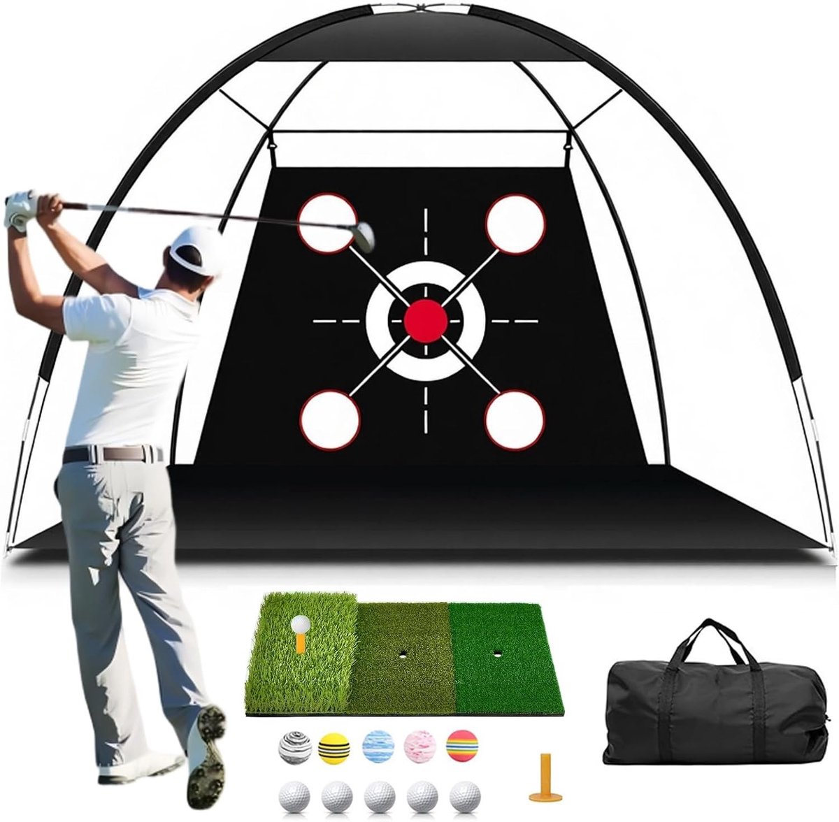 Golfoefeningsnet - Draagbaar - Compleet met Doelschijf en Oefenmat - Voor Golftraining