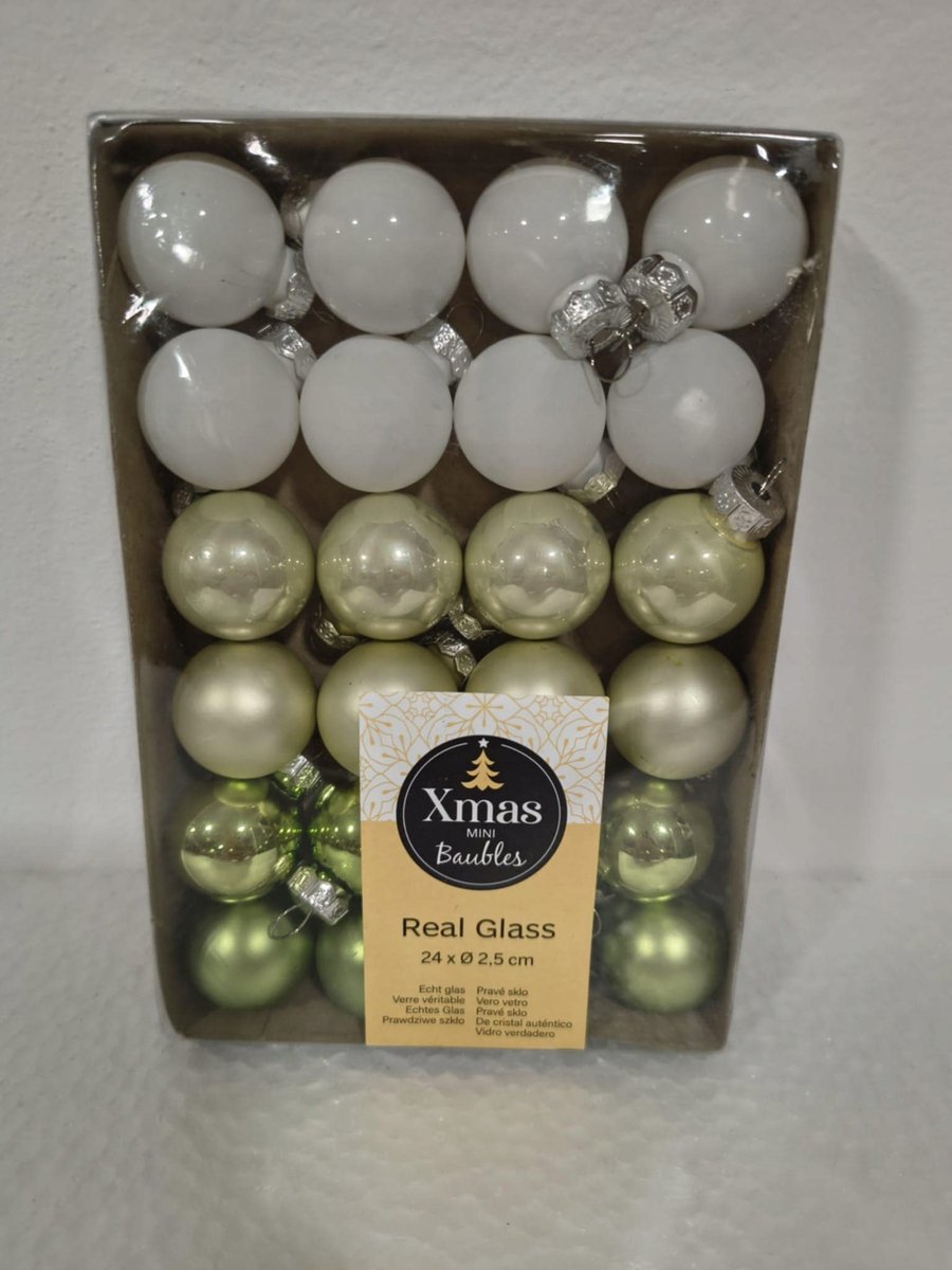 Kerstballen Set 24 stuks - 2,5cm Glas Wit Groen - Elegante Versiering