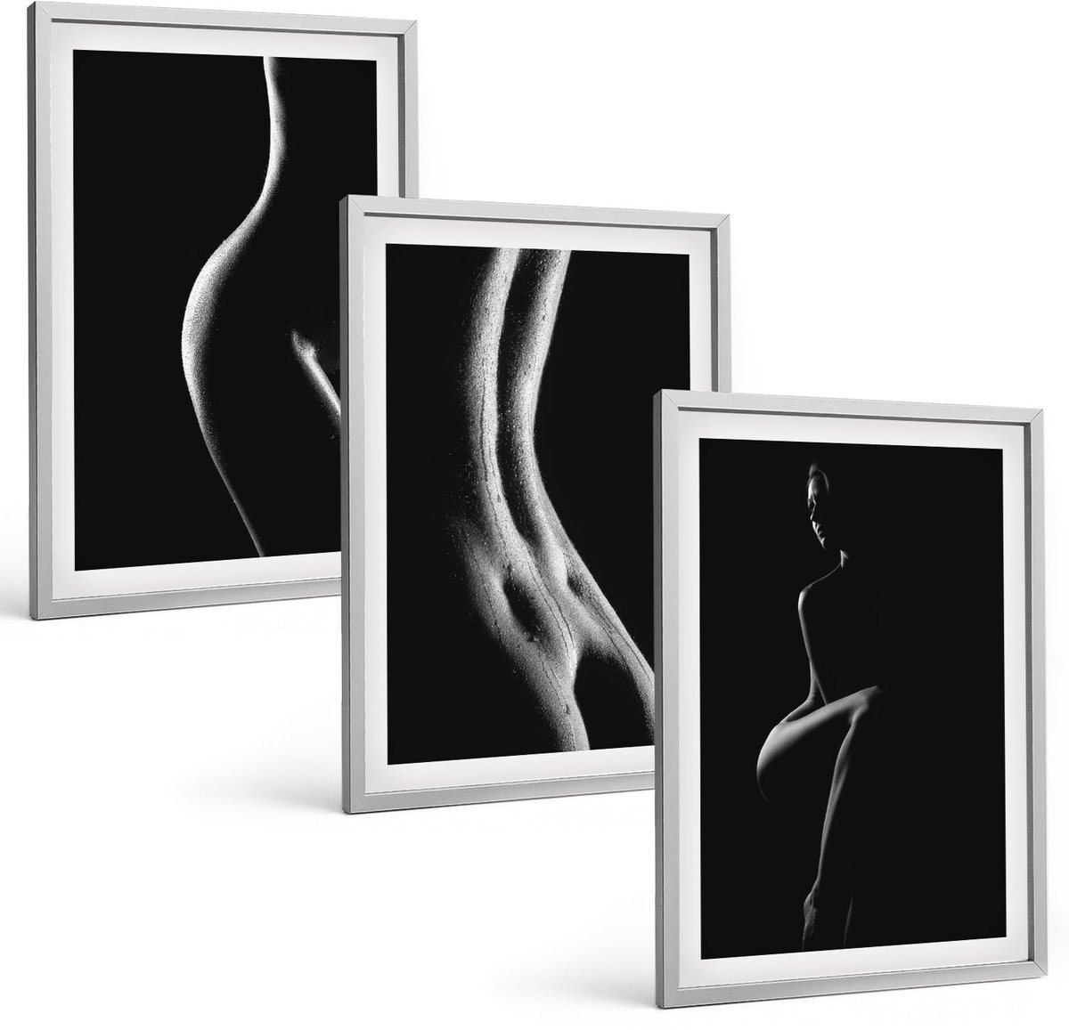 TULUP 4-Delige Schilderij Set - Erotische afbeeldingen van vrouwelijke silhouetten in zwart-wit - 40 x 60 cm - Muurdecoratie - Wanddecoratie - Hal - Woonkamer Decoratie Zilveren lijst