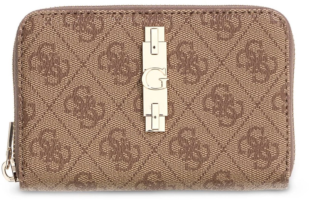 GUESS portemonnee Yvonne Logo SLG Medium Zip Around Wallet Latte Logo Lichtbruin