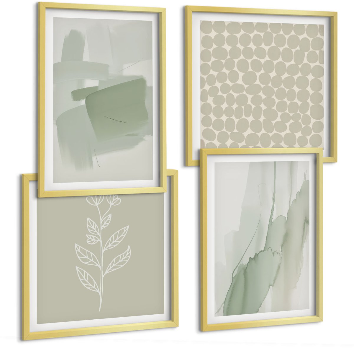 TULUP 4-Delige Schilderij Set - Abstracte aquarelpatronen, planten, minimalisme - 40 x 40 cm en 40 x 60 cm - Wanddecoratie - Schilderijen Set - Interieur - Moderne Wanddecoratie Gouden lijst