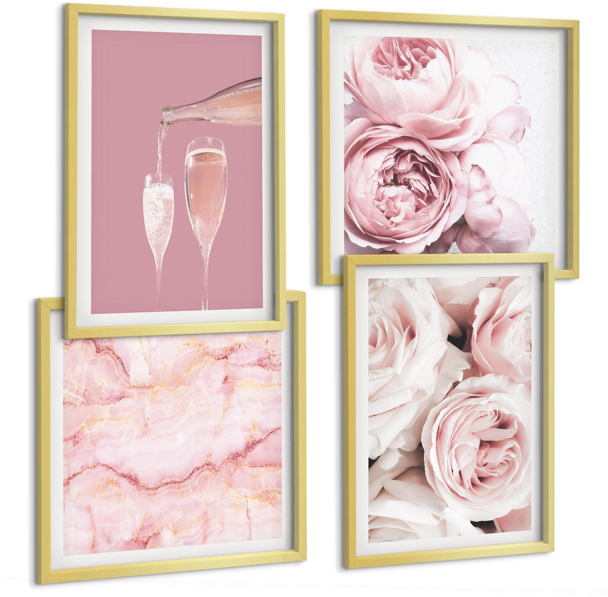 TULUP 4-Delige Schilderij Set - Champagnekleurige rozen en een pastelkleurige marmeren achtergrond - 40 x 40 cm en 40 x 60 cm - Stijlvolle Wanddecoratie - Interieur - Stijlvolle Muurdecoratie Gouden lijst