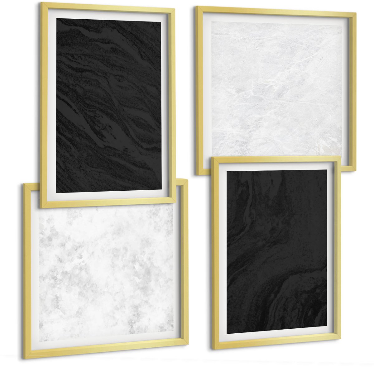 TULUP 4-Delige Schilderij Set - Donker en licht marmer: elegante texturen in een glamoureuze stijl. - 40 x 40 cm en 40 x 60 cm - Wanddecoratie - Muurdecoratie - Moderne Interieurdecoratie - Interieur Decoratie Gouden lijst