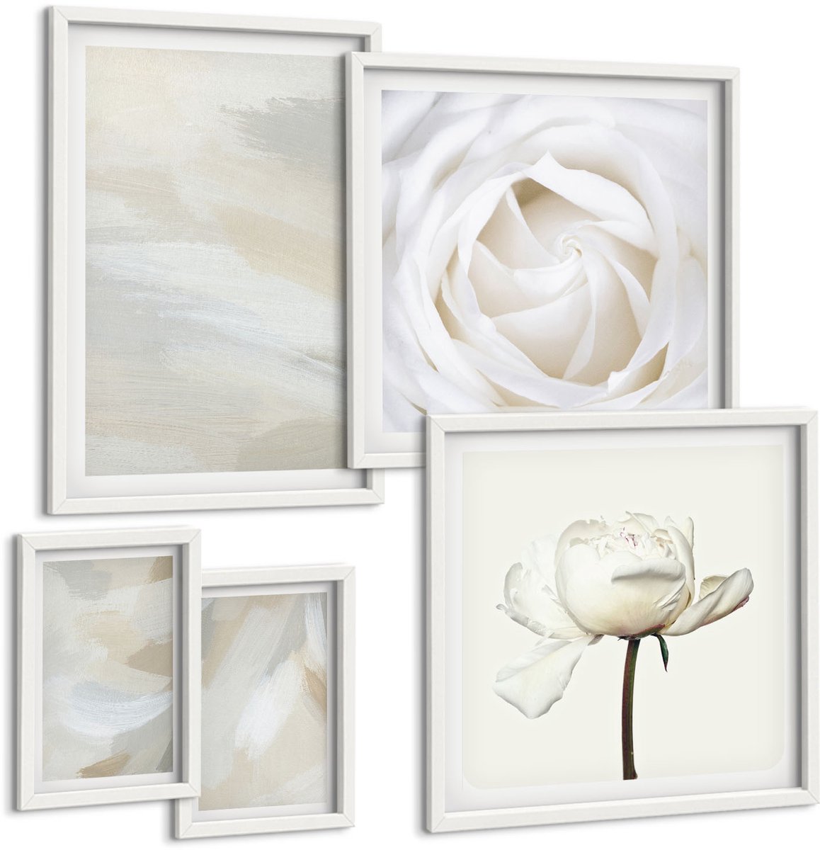 Tulup 4-Delige Schilderij Set - Bloemige inspiratie in delicate witte tinten - 50 x 50 cm, 20 x 30 cm en 40 x 60 cm - Decoratieve Schilderijen - Woonkamer - Interieur - Woonkamer Decoratie