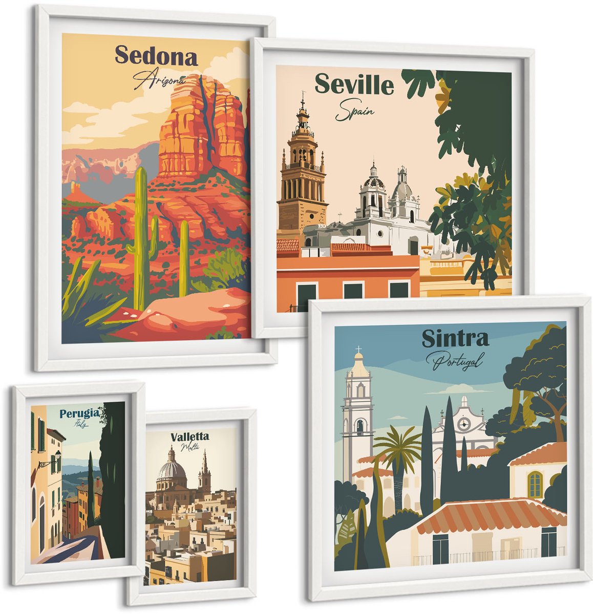 Tulup 4-Delige Schilderij Set - Toeristische landschappen uit diverse steden over de hele wereld - 50 x 50 cm, 20 x 30 cm en 40 x 60 cm - Stijlvolle Wanddecoratie - Interieur - Stijlvolle Muurdecoratie