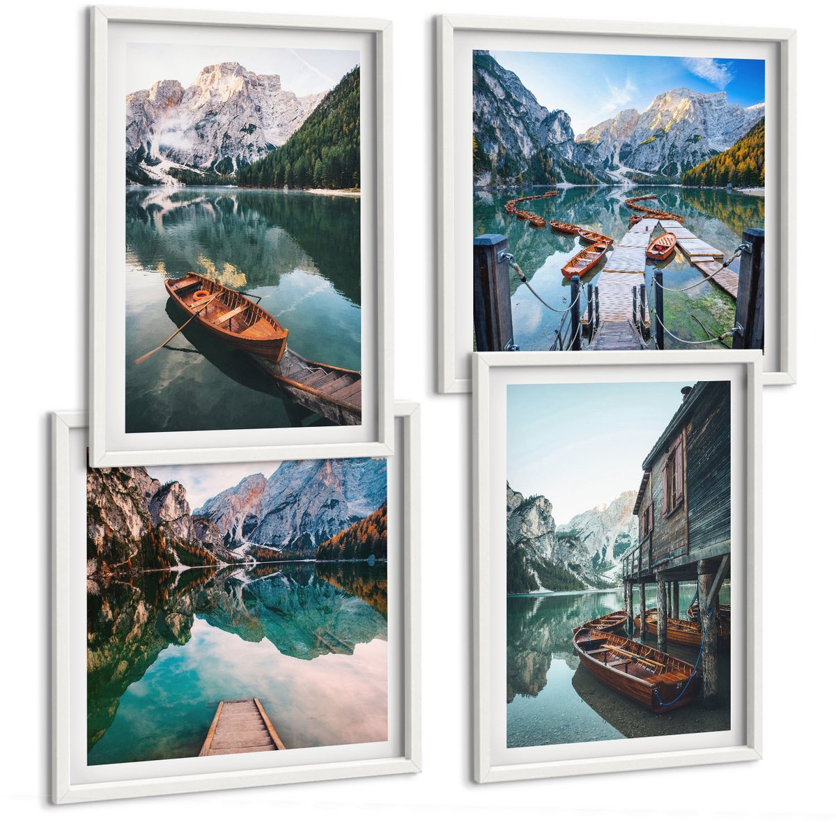 Tulup 4-Delige Schilderij Set - Een meer in de bergen met bootjes en een houten huisje. - 40x40 en 40x60 - Decoratieve Schilderijen - Wanddecoratie - Hal - Stijlvolle Muurdecoratie