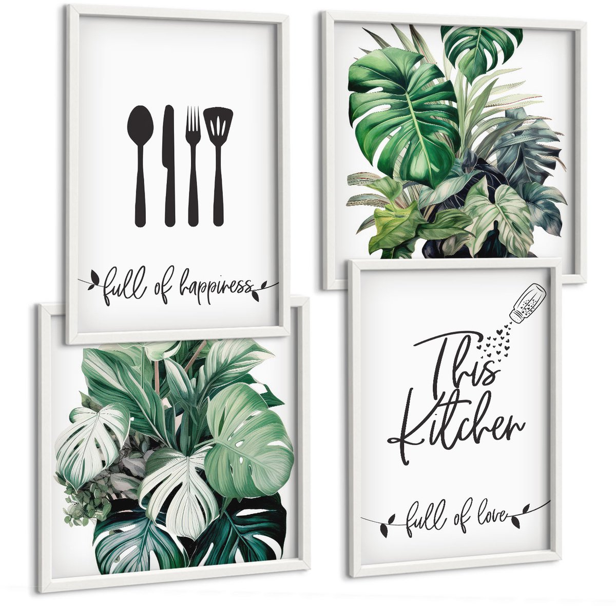 Tulup 4-Delige Schilderij Set - Patronen van keukengerei: plantenbladeren - 40x40 en 40x60 - Muurdecoratie - Decoratieve Schilderijen - Wohnzimmer - Moderne Wanddecoratie
