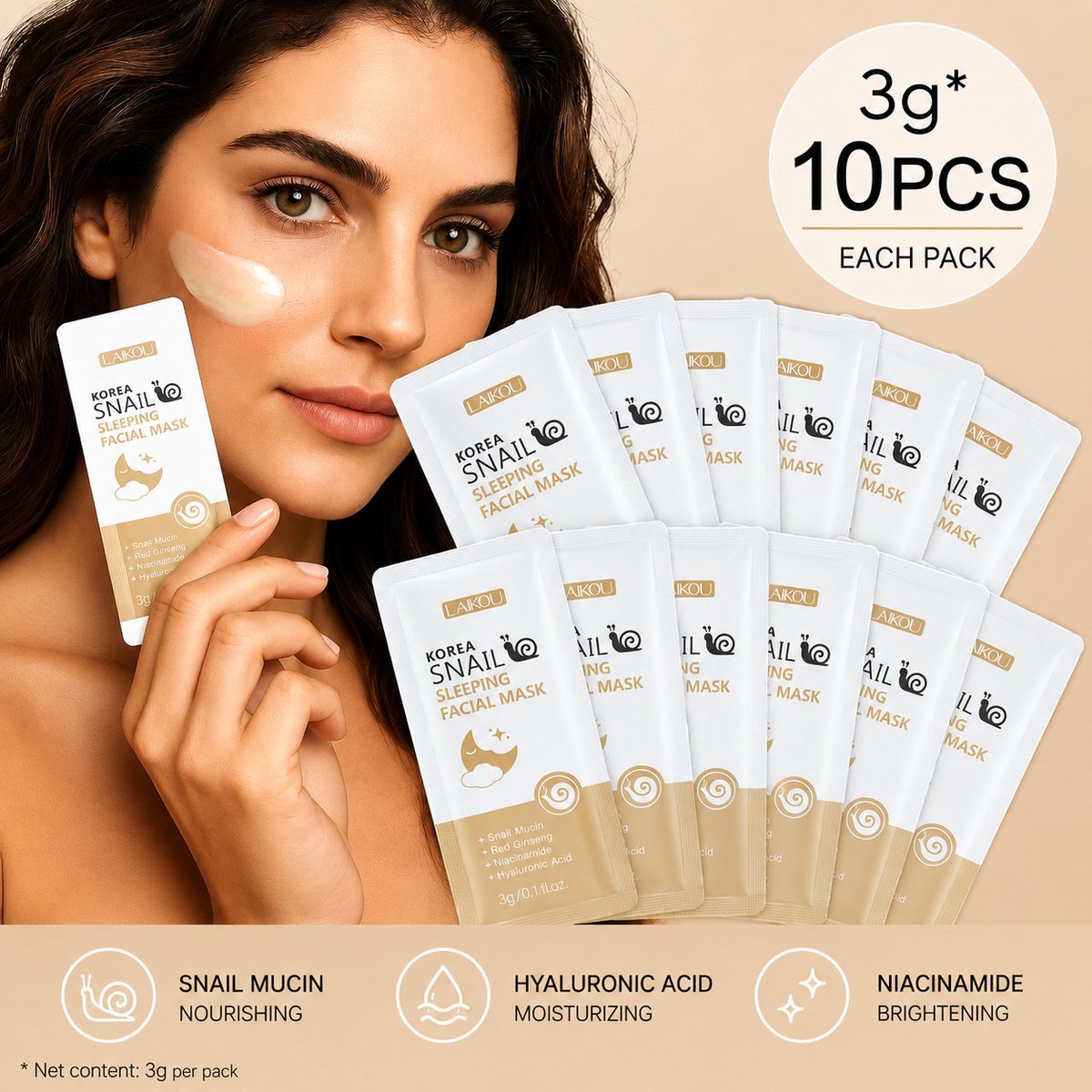 Slapend Gezichtsmasker met Slakkenslijm, Niacinamide & Hyaluronzuur – Hydraterende Nachtmasker
