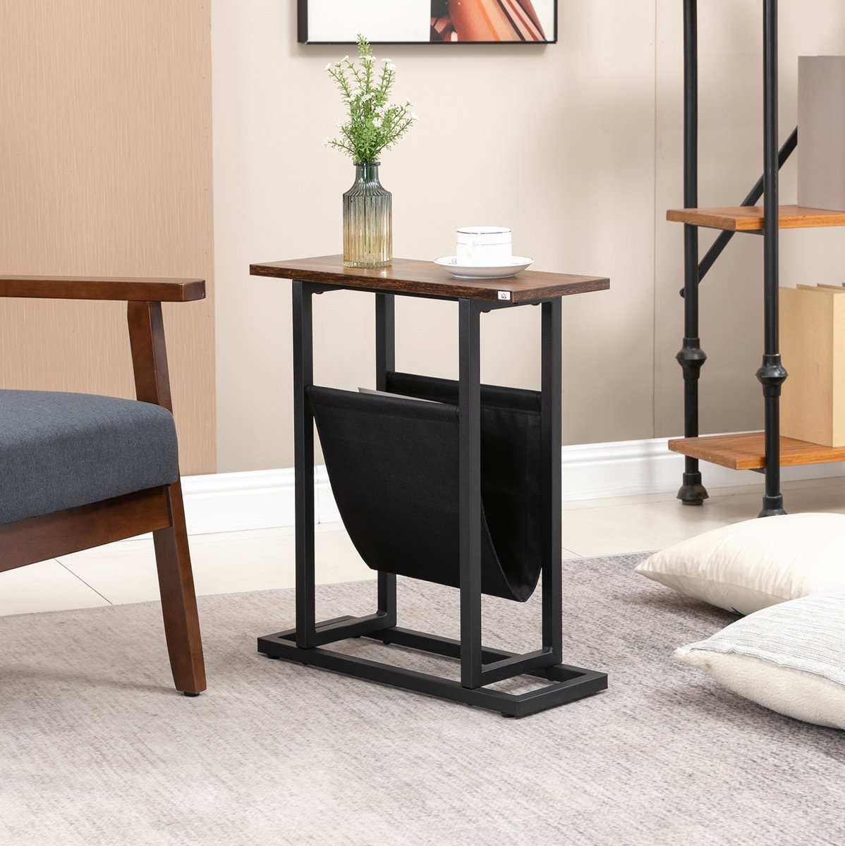 MIVRAY Bijzettafel Met Opbergtas En Stalen Frame Voor Sofa Wand En Slaapkamer Donkerbruin En Zwart 49 X 19 X 55 Cm