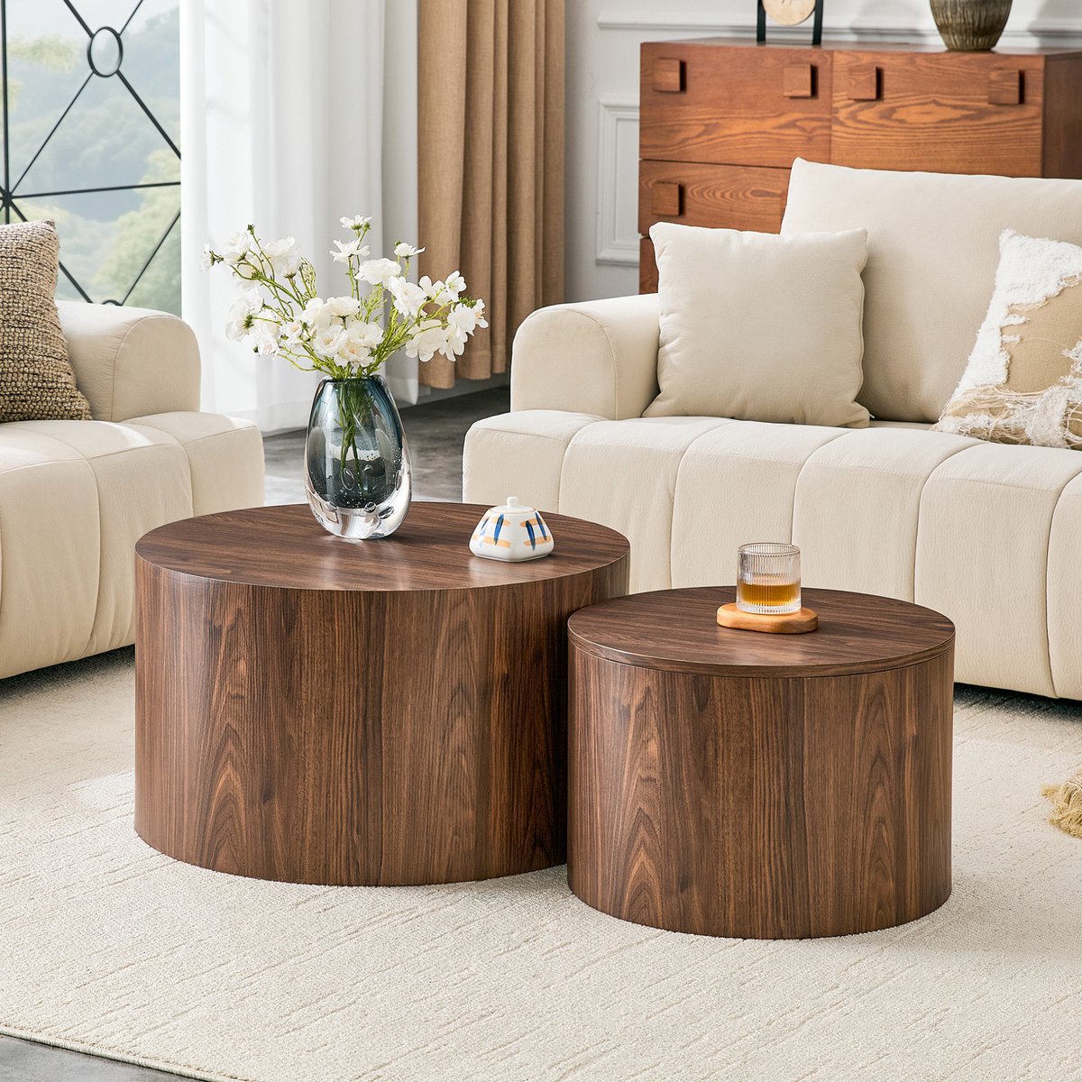 MIVRAY Ronde Salontafel Set Van 2 - Nesting Design Met Opbergruimte En Afneembare Deksel - Voor Woonkamer - MDF - Walnoot - 62,8 Cm En 44 Cm