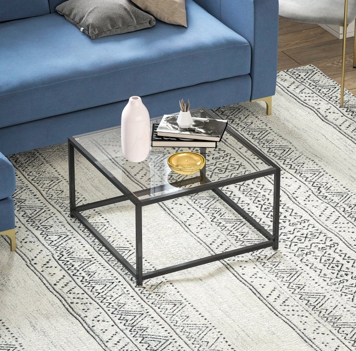 MIVRAY Bijzettafel - Vierkante Salontafel Met Geharde Glazen Blad En Zwart Stalen Frame - Industrieel Voor Woonkamer - 68 x 68 x 39 Cm
