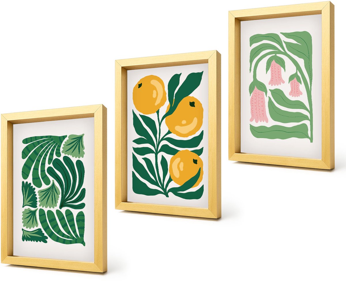 Coloray 4-Delige Schilderij Set - Minimalistische plantpatronen met vruchten en bladeren - 20 x 30 cm - Muurdecoratie - Wanddecoratie - Slaapkamer - Woonkamer Decoratie