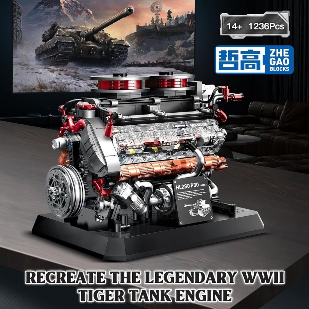 Zhe Gao 95008 Tiger tank speed engine bouwset | World of wars champions icons modelbouw | Leger speelgoed ideas voor expert volwassenen & kinderen | Engine star bouwpakket | Motor niet geschikt voor Lego technic | Bouwdoos met 1236 bouwstenen — afbeelding 10