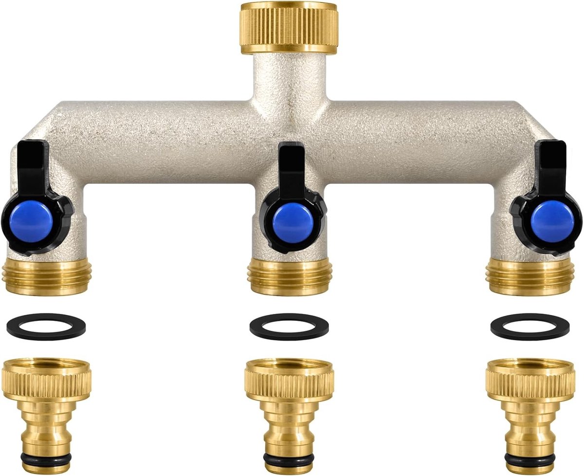Kraan opzetstuk tuinslang - Messing - 3-weg waterdispenser met 3/4 inch aansluitingen - Voor tuinirrigatie en autowassen