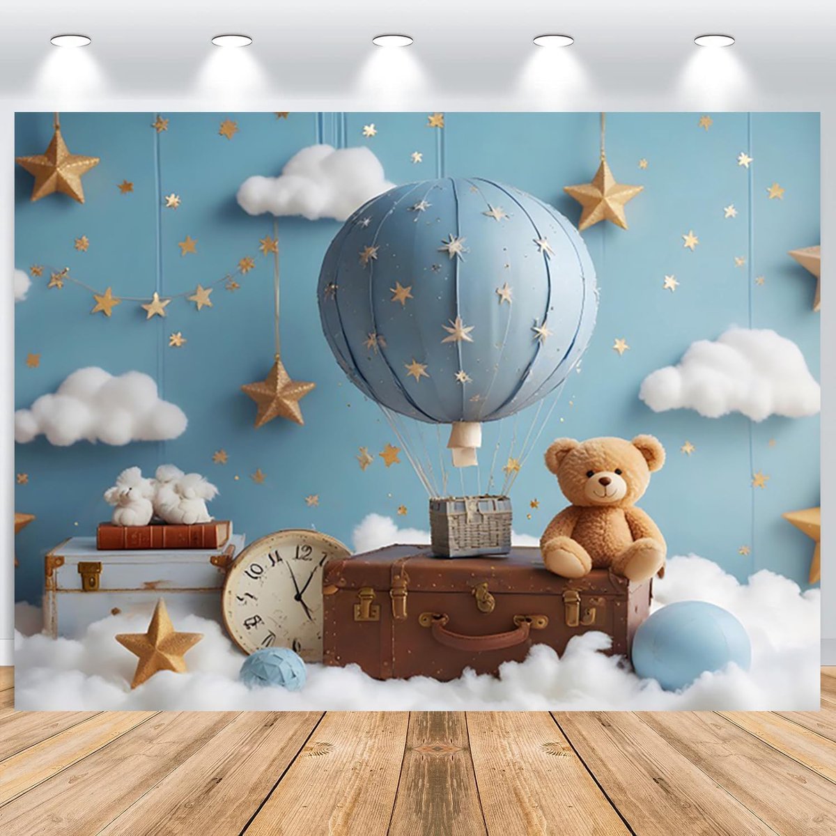 Boys 1st Birthday Photo Background 2.2 x 1.5 m Cute Bear Star Clouds Blue Children's Birthday Theme Photo Background - ShopVlot