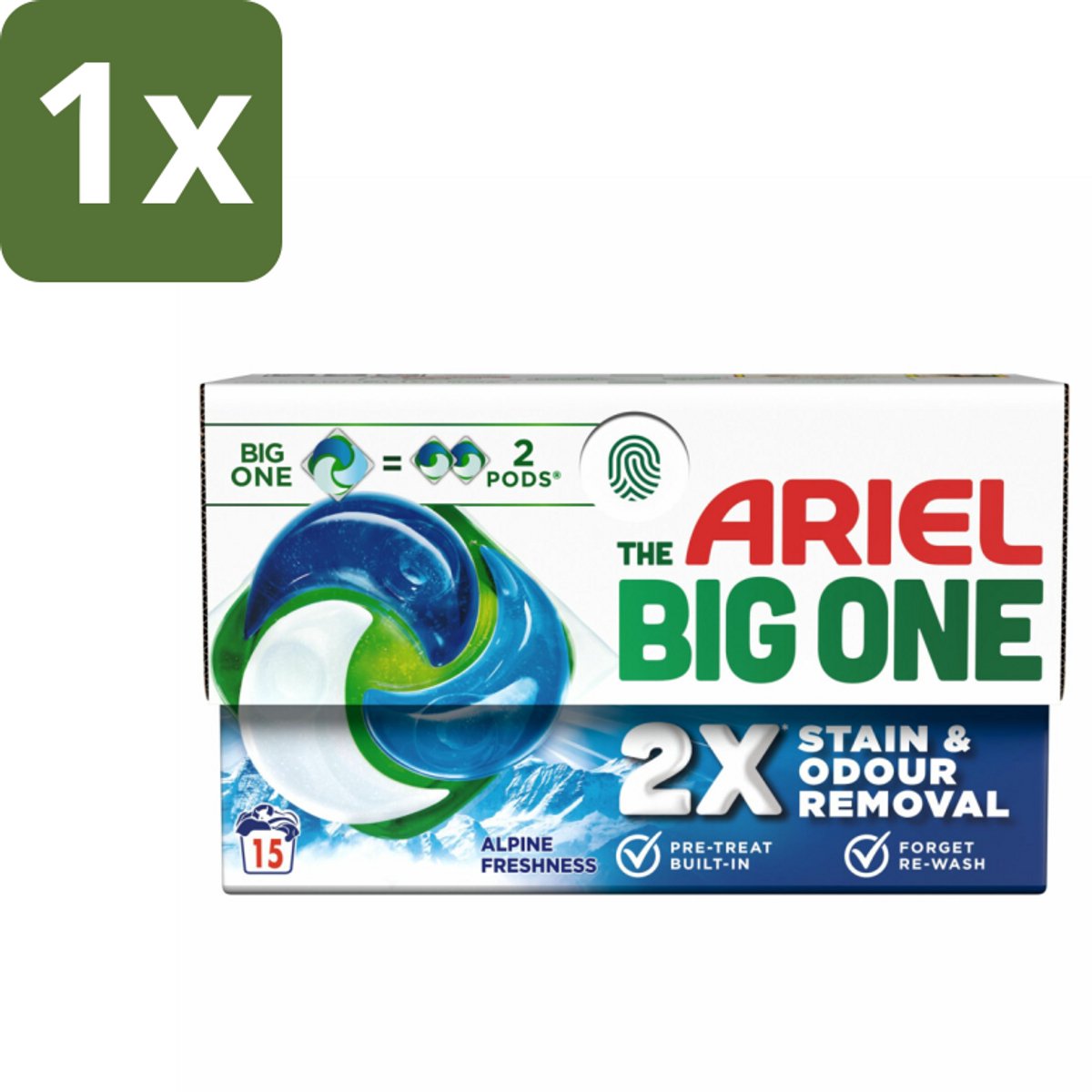 1 x Ariel - 3in1 Wasmiddel Pods - The Big One - Alpine - 15 Pods - Ariel The Big One Alpine - Wasmiddelcapsules - Reinigingskracht - Vlekverwijdering - Geurverwijdering