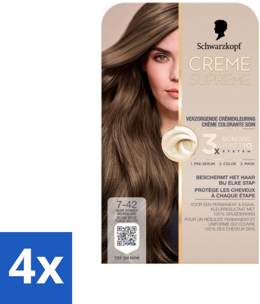 4 x Schwarzkopf - Haarkleuring - Creme Supreme 7-42 - Nude Donker Beigeblond - 245g - Permanente Haarkleuring - Haarkleur - Grijsdekking - Haarkleur 7-42 - Nude Donker Beigeblond