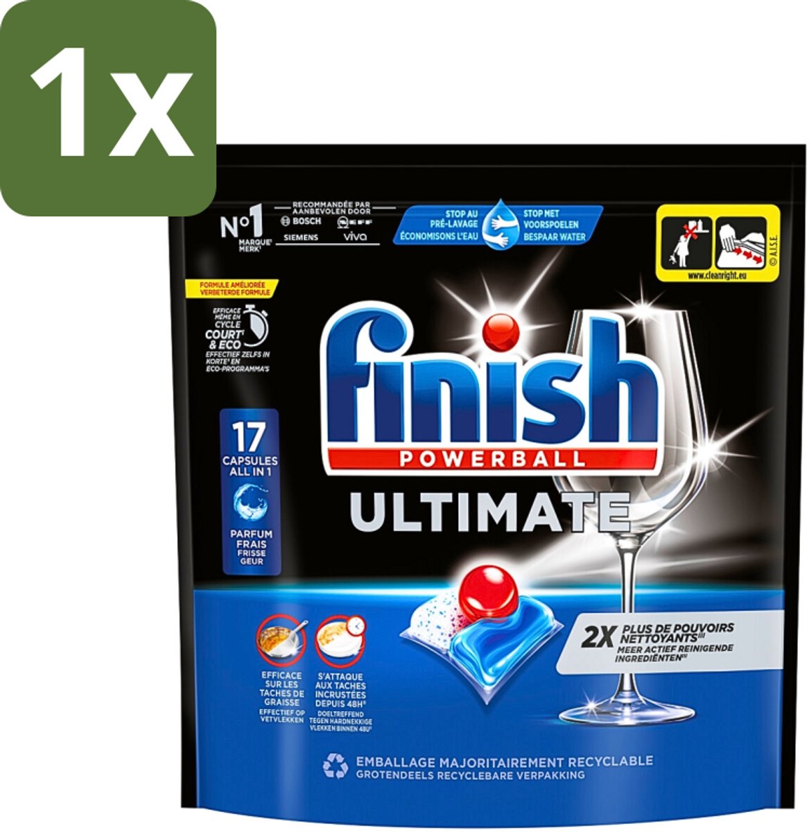1 x Finish - Vaatwasmiddel - Ultimate Vaatwastabletten Regular - Krachtige Reiniging - 17 capsules - Vaatwasmiddel - Vaatwastabletten - Vaatwasmiddel Tablet - Vaatwasmiddel Krachtig - Vaatwasmiddel Zonder Voorspoelen