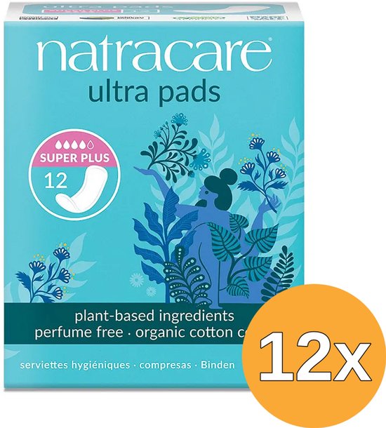 Verpakking Natracare Ultra Pads Super Plus maandverband, 12 stuks.