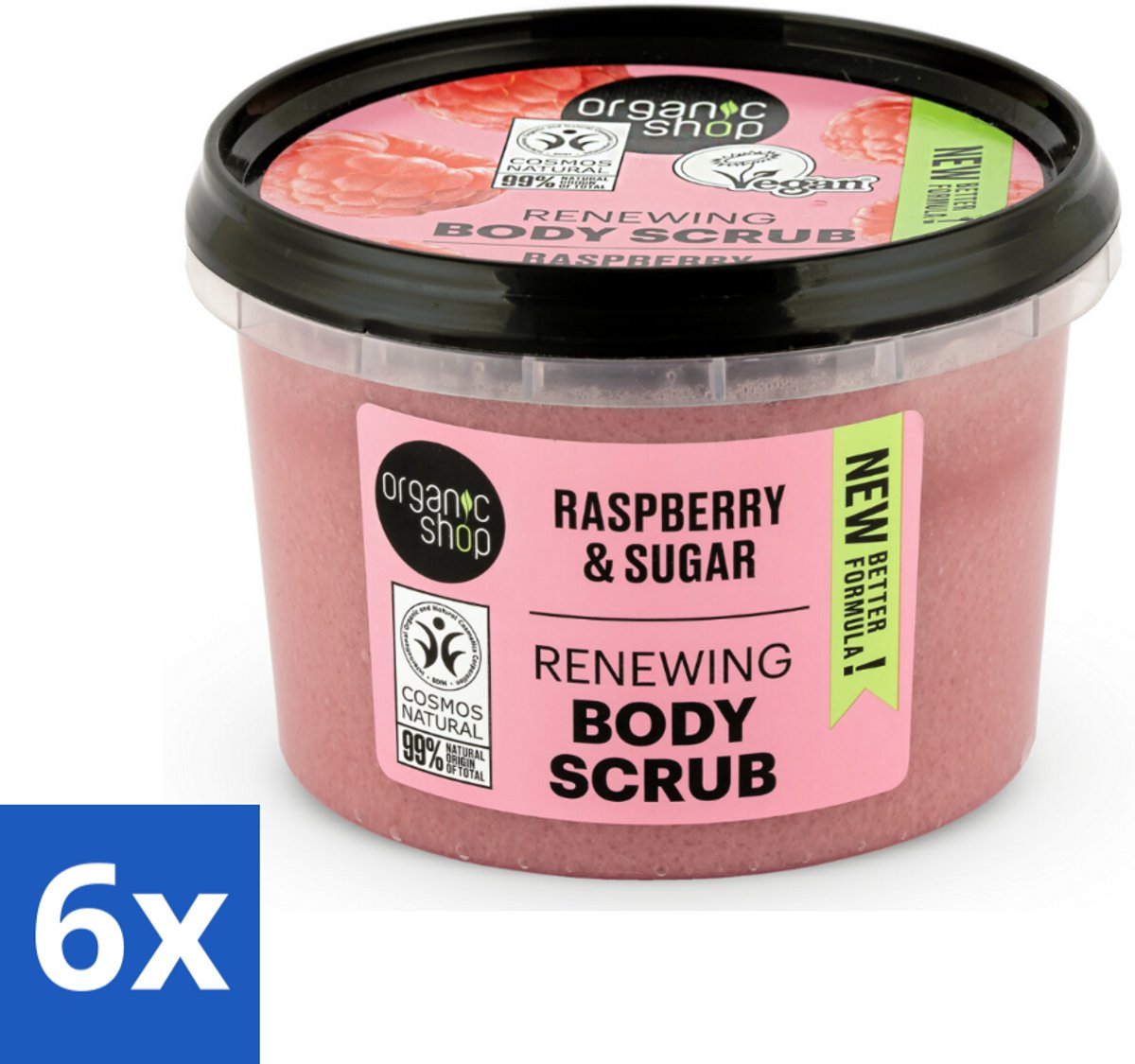 6 x Organic Shop - Organic Raspberry & Sugar Body Scrub - Verfrissend en Peeling - 250 ml - Organische Scrub - Frambozen Scrub - Lichaamspeeling - Natuurlijke Peeling - Gezichtspeeling