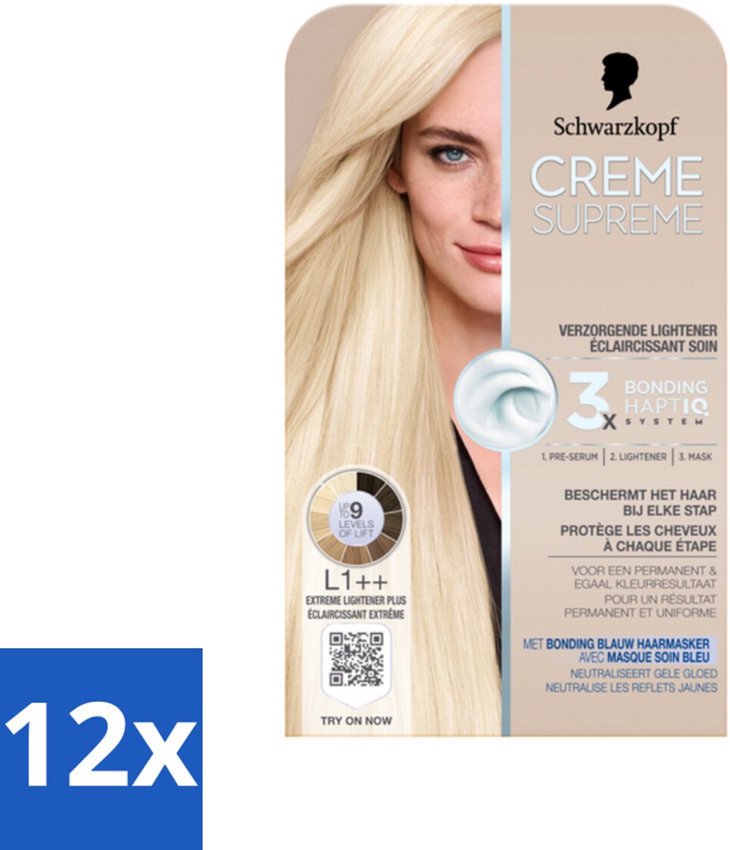 12 x Schwarzkopf - Haarkleuring - Creme Supreme L1++ - Extreme Lightener Plus - 245g - Blondeerbehandeling - Permanente Haarkleuring - Blond Haar - Haarkleur - Haarkleuring